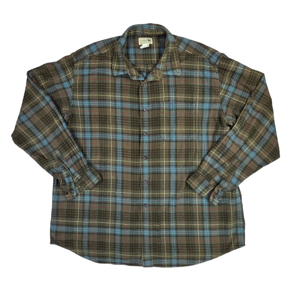 LL Bean Mens XL Regular Plaid Flannel Shirt Green Blue Cotton Button Down 0BHF4